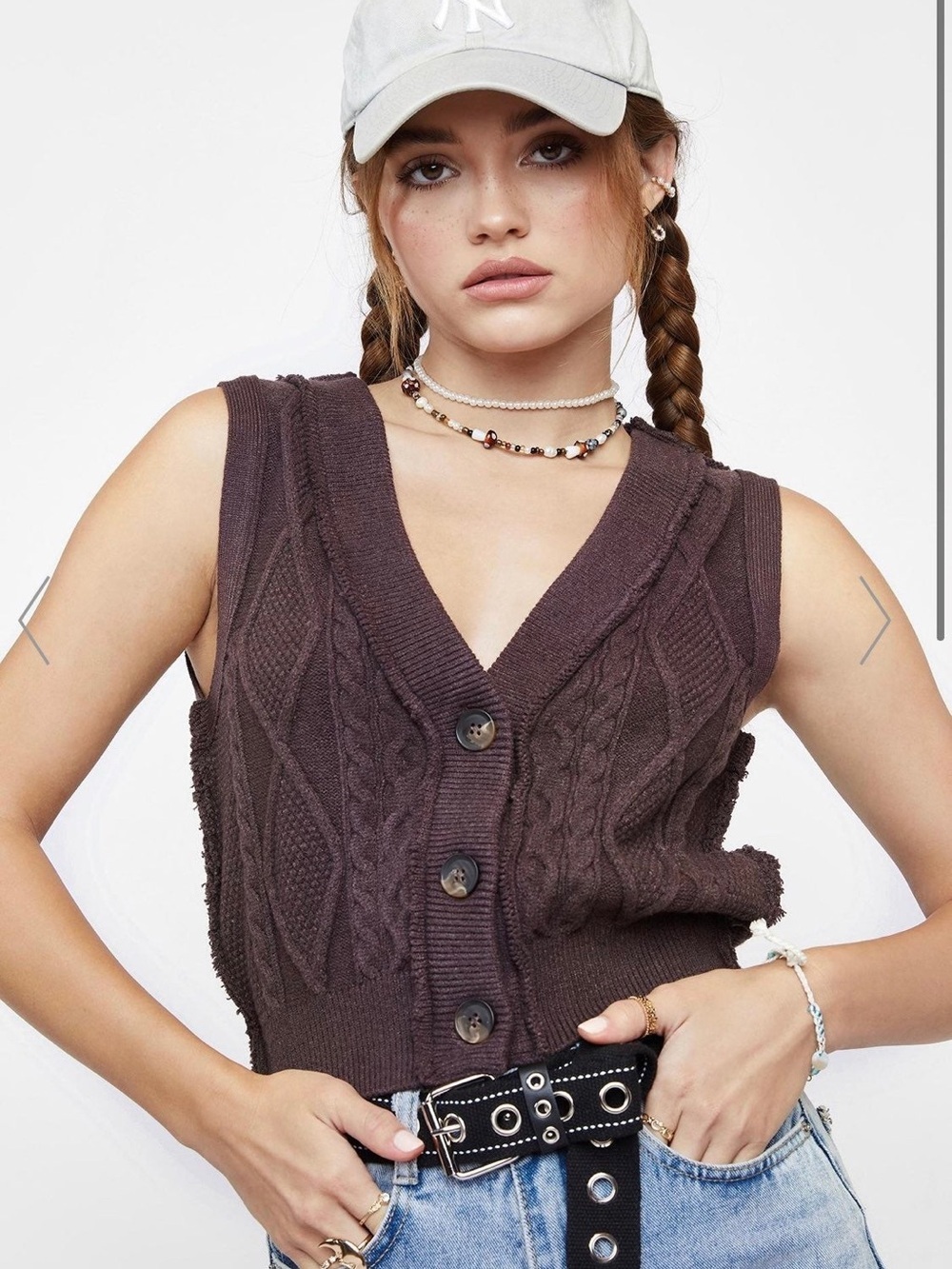 Free People Cable Knit Button Up Vest Denson Brown Small Cottagecore Academia